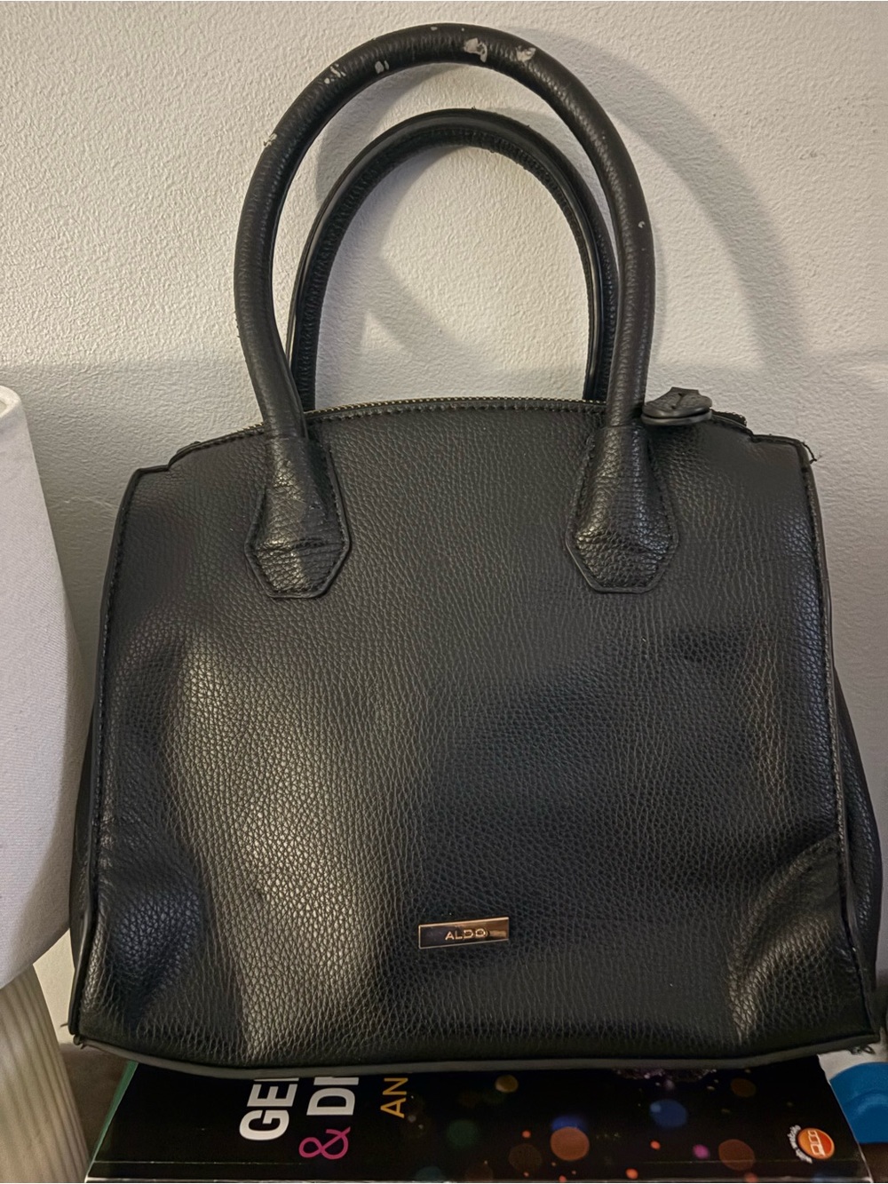 Aldo Black Pebbled Top-Handle Satchel with Gold Logo